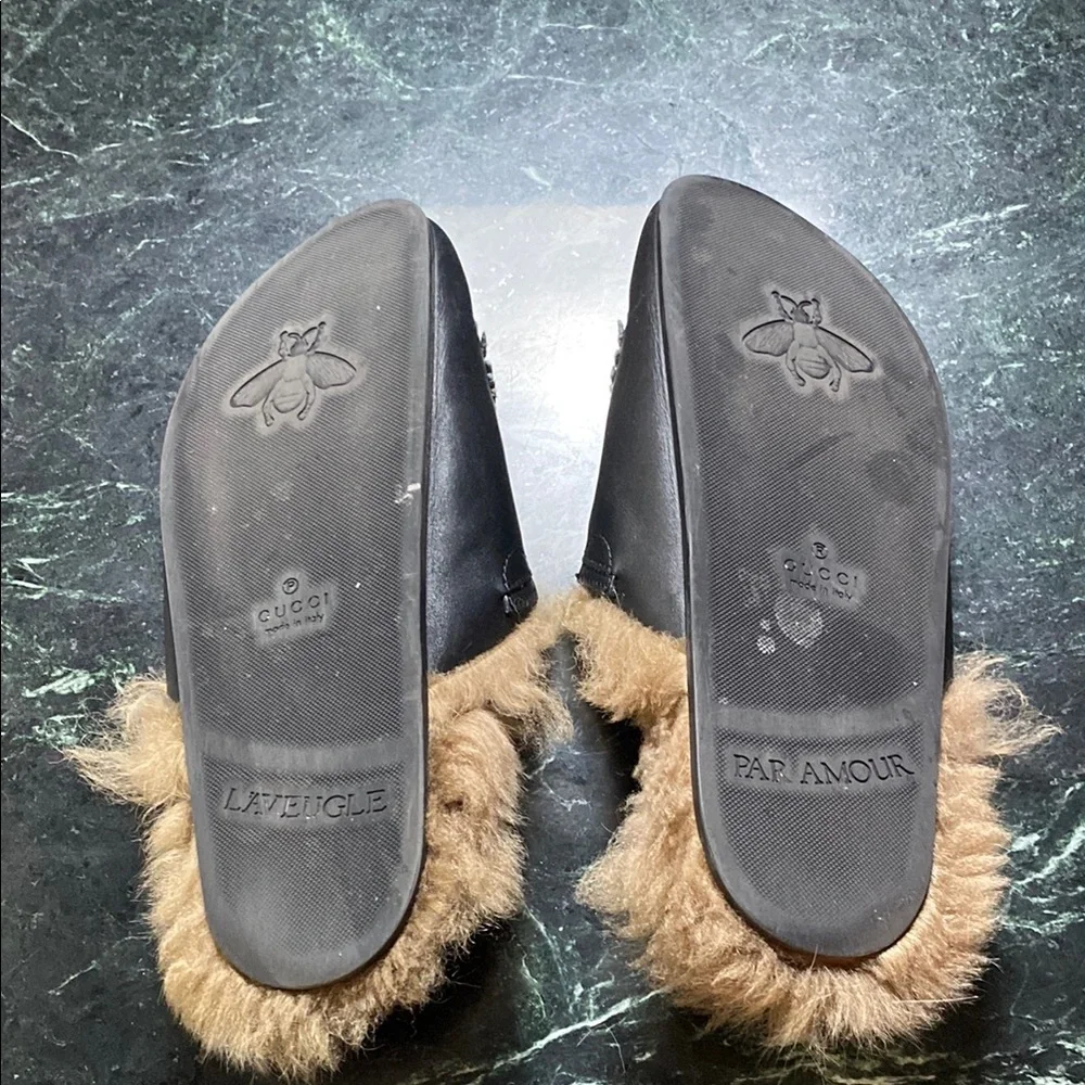 Embroidered Gucci Cat Leather Fur-Lined Slide - Black with Tan Fur